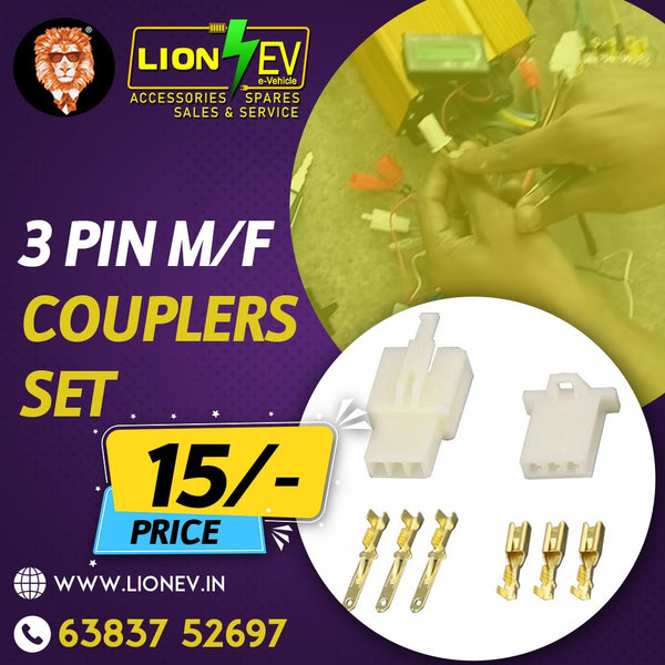 3 Pin M/F Coupler Set | EV Wiring Connector | Lion EV - ₹15 Only