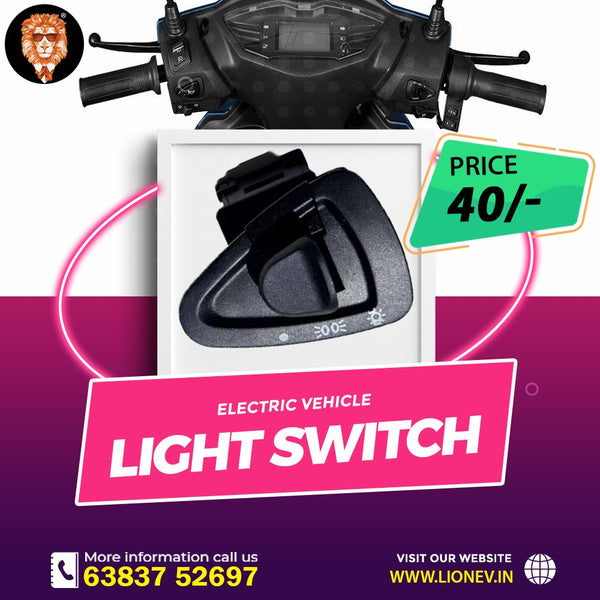 Black 3-way headlight switch for electric scooters showing off, parking, and headlight icons by Lion EV.