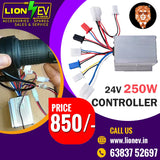 Lion EV 24V 250W electric cycle motor speed controller with wiring harness and aluminium casing, showing throttle connection