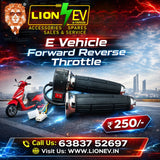 Lion EV E-Vehicle Forward Reverse Throttle handle grip set with red F/R button and chrome accents on a road background