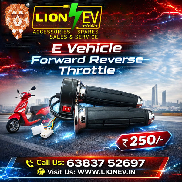 Lion EV E-Vehicle Forward Reverse Throttle handle grip set with red F/R button and chrome accents on a road background