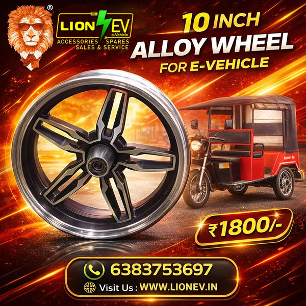 Lion EV 10-Inch Black and Silver Alloy Wheel for E-Rickshaw and Electric Vehicles